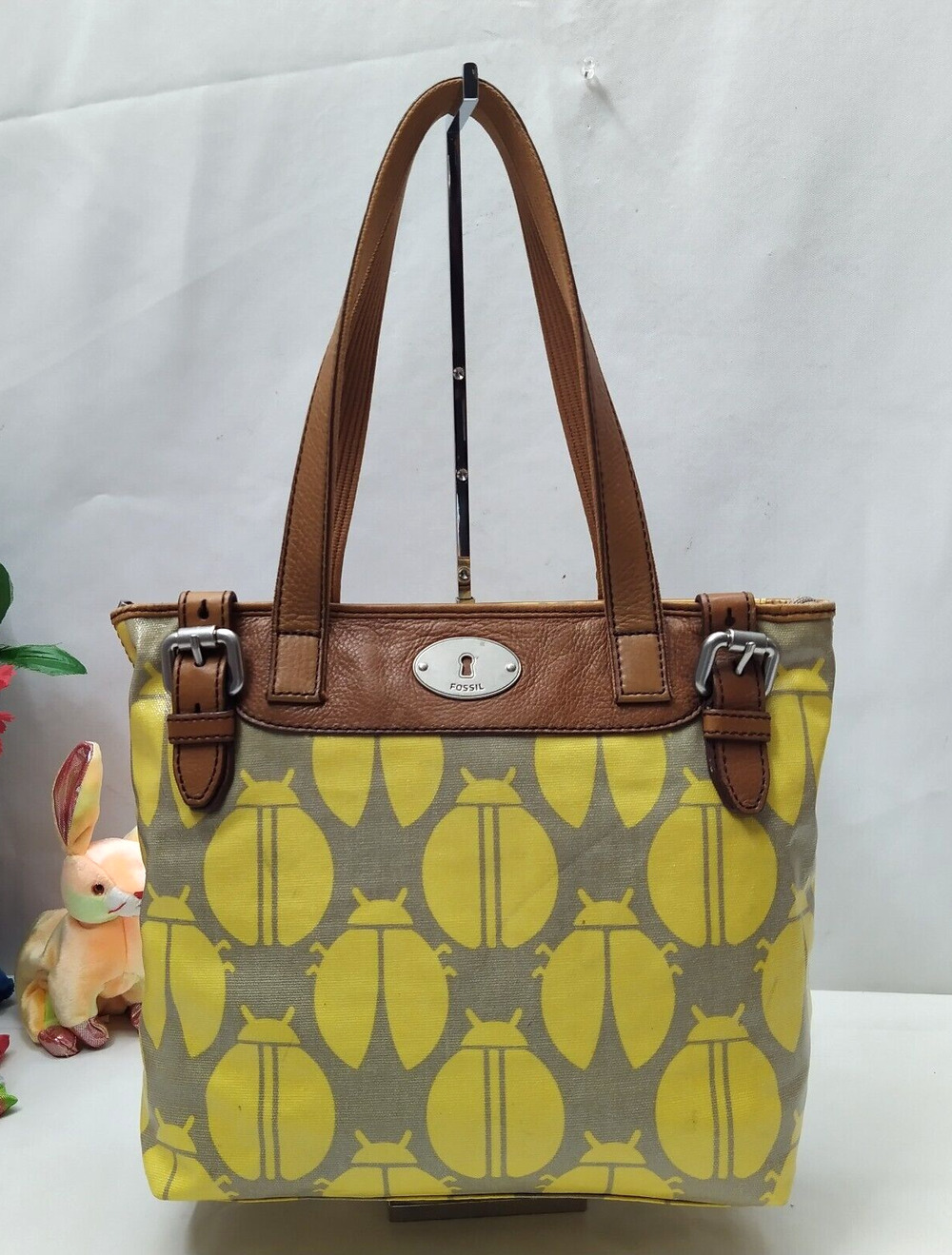 Fossil Key Per Yellow Coated Canvas Leather Trim Ladybug Printed Tote Bag